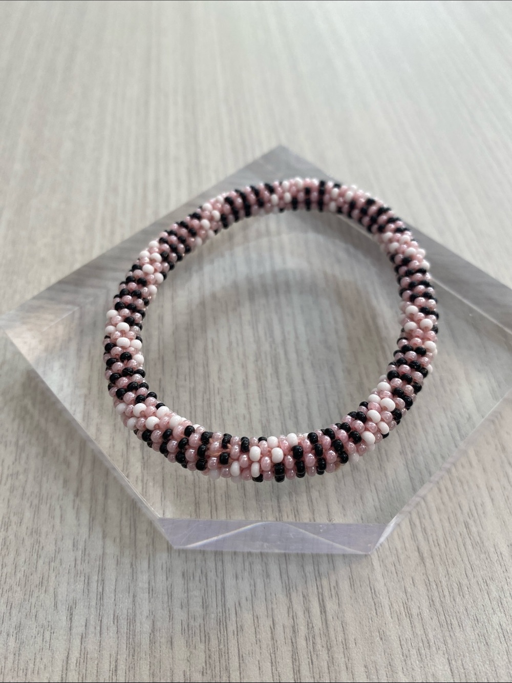 Handmade Pink and Black Seed Bead Bracelet